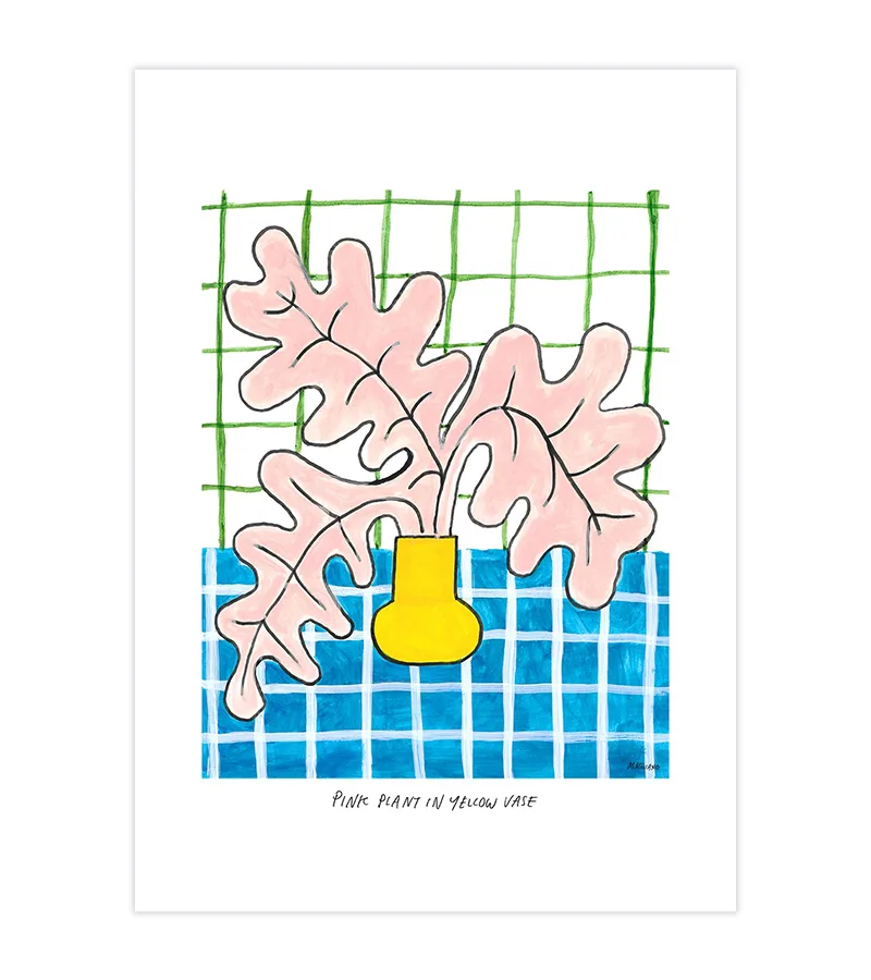 19cu Pink Plant in Yellow Vase - Görsel 1